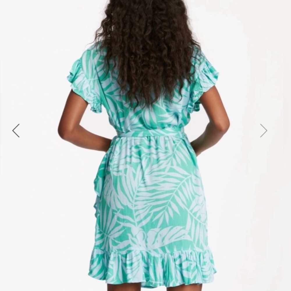 Billabong Wrap Women’s Mini Dress Tropical Teal Green Palm Leaves Print - Picture 4 of 5